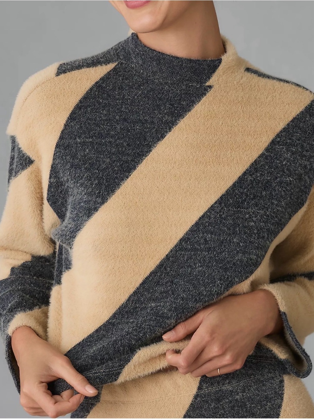 Maeve Anthropologie Striped Mock Neck Cozy Sweater - Cream & Charcoal Size Large